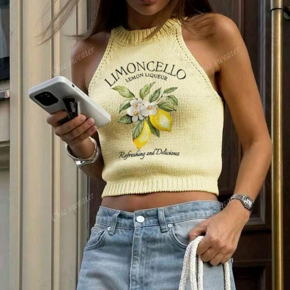 Summer New Round Neck Women Halter Lemon Pattern Print ,Simple Stylish,Suitable